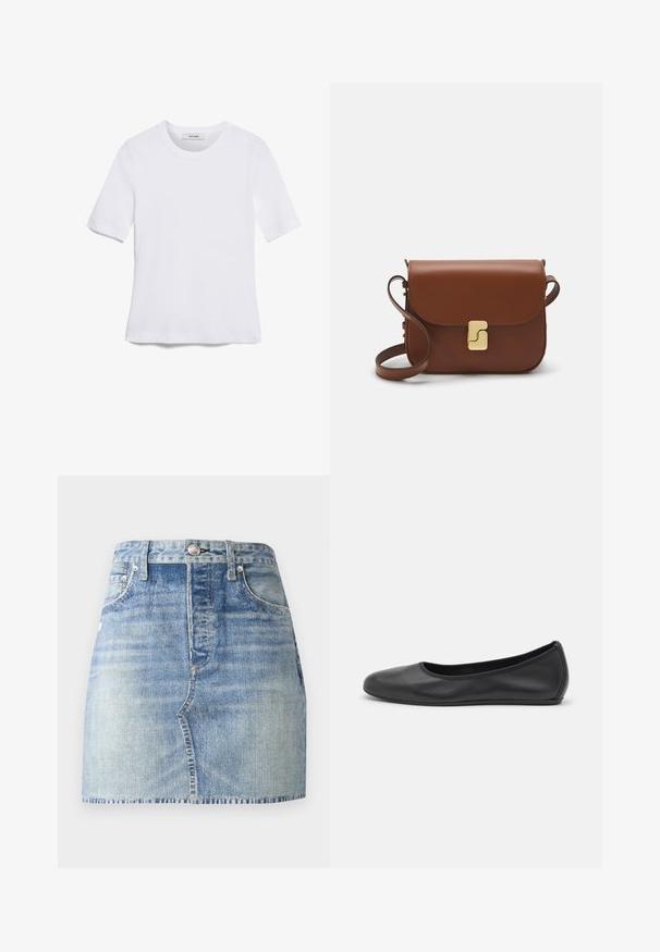 Biała koszulka krótki rękaw wykonana z materiału prążkowanego. Okrągły dekolt, regularny krój i subtelne detale szwów. Bez wzorów ani grafik.; Spódnica dżinsowa w jasnym, niebieskim odcieniu, z wysokim stanem i dopasowanym krojem, z wystrzępionym dołem i klasycznym stylem pięciu kieszeni. Srebrne ozdoby metalowe.; Czarne skórzane baletki z zaokrąglonym noskiem, gładką fakturą, minimalnymi przeszyciami i elastycznym designem podeszwy.; Brązowa skórzana torebka na ramię z klapką, złotymi detalami, paskiem na ramię i gładką teksturą. Kompaktowy prostokątny kształt.