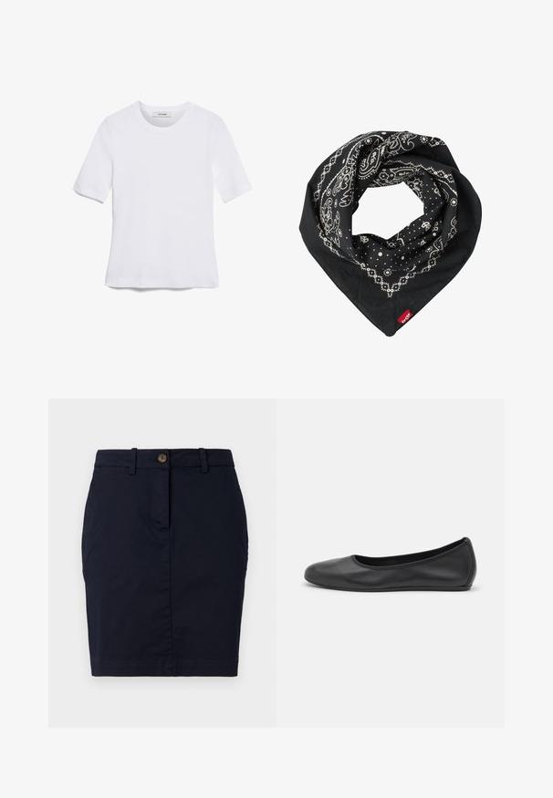 Vit kortärmad t-shirt i ribbat tyg. Rund halsringning, normal passform och diskreta sömdetaljer. Inga mönster eller tryck.; Mörkblå bomullsskjol med slim fit, med knappstängning, bältesöglor och en ren fåll. Slät textur utan synliga mönster.; Svart läderballerinaskor med rund tå, slät yta, minimala söm detaljer och en flexibel sula.; Levi's® PAISLEY BANDANA UNISEX - Scarf - regular black