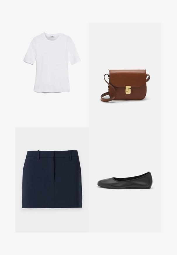 Balta trumpa rankovėmis marškinėliai, pagaminti iš pasiruošusio audinio. Apvali iškirptė, reguliari tinkamumas ir subtilūs siuvimo detalės. Be raštų ar grafikos.; Tamsiai mėlyna sijonas, pagamintas iš lygios medžiagos, su juosmeniu, priekiniais atidarymais ir švariomis linijomis, be kišenių ar puošmenų.; Juodai odiniai baletai su apvaliu pirštu, lygi texture, minimalus siuvimo detales ir lanksčiu padų dizainu.; Ruda odinė rankinė su uždaromu dangteliu, aukso spalvos detalėmis, petneša ir lygiu paviršiumi. Kompaktiška stačiakampio formos.