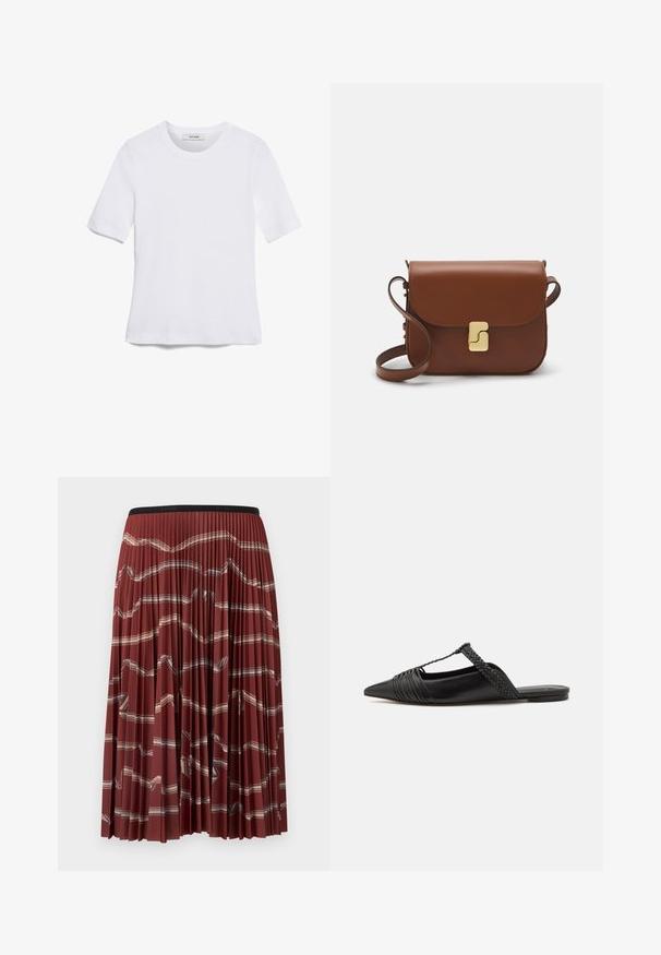 Tricou alb cu mânecă scurtă, confectionat dintr-un material texturat. Gât rotund, tăietură regulară și detalii subtile de cusătură. Fără modele sau grafice.; Fustă midi plisată în roșu închis cu un model țesut. Dispune de o bandă elastică neagră în talie și dungi contrastante de culoare deschisă pe toată suprafața.; Pantofii din piele neagră cu curea la spate au vârful ascuțit, prezentând un accent țesut și un design superior pliat. Talpa joasă cu hardware minim.; Geantă de piele maro cu închidere tip capac, accesorii de culoare aurie, curea de umăr și o textură netedă. Formă compactă și rectangulară.