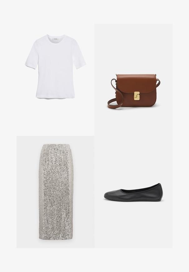 Fehér, rövid ujjú póló ribbed anyagból. Kerek nyakkivágás, normál szabás és diszkrét varrási részletek. Nincsenek minták vagy grafikák.; Ezüst flitteres midi szoknya rugalmas derékkal. Az anyagot csillogó flitterek díszítik, textúrált felületet létrehozva.; Fekete bőr balettcipő lekerekített orral, sima tekstúrával, minimális varrással és rugalmas talp kialakítással.; Barna bőr kézitáska, hajtókás zárással, arany színű fém kiegészítőkkel, vállpánttal és sima felülettel. Kompakt téglalap alakú.