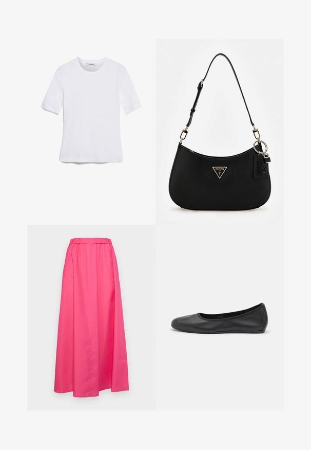 T-shirt blanc à manches courtes en tissu côtelé. Col rond, coupe régulière et détails de couture subtils. Aucune motif ni graphique.; MAX&Co. MATRIGNA - Jupe longue - azaleerot; Ballerines en cuir noir avec un bout rond, texture lisse, détails de couture minimalistes et design de semelle flexible.; Sac à épaule synthétique noir avec une silhouette courbée, une finition texturée, un logo triangulaire en or et des accents matériels détachables.