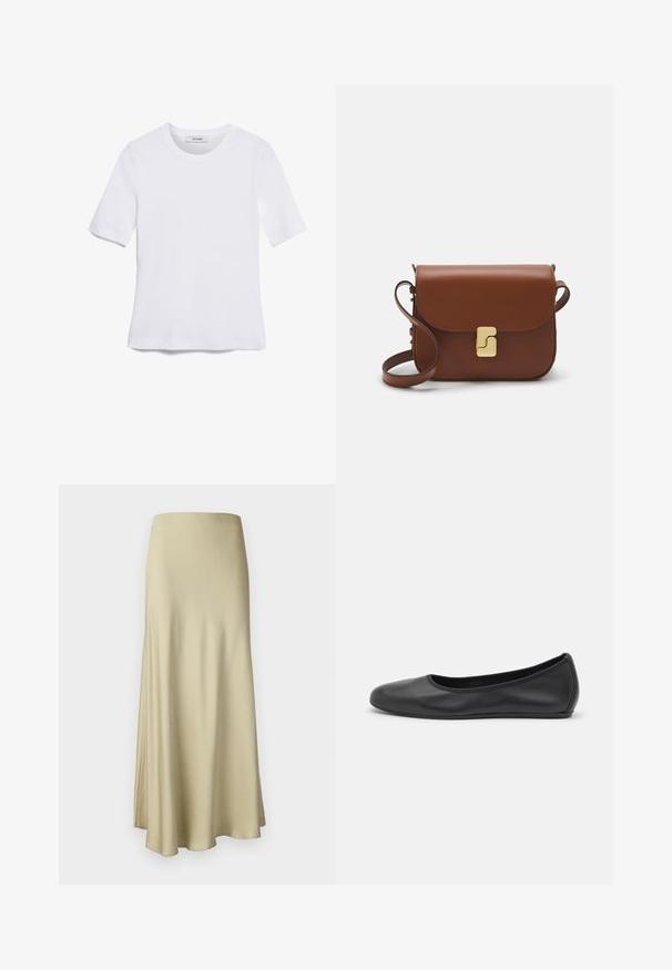 White short-sleeve t-shirt made of ribbed fabric. Round neckline, regular fit, and subtle stitching details. No patterns or graphics.; Long, flowing beige skirt made of soft fabric. Features a smooth texture and a simple, minimalistic design without visible hardware.; Black leather ballet flat with a rounded toe, smooth texture, minimal stitching detail, and a flexible sole design.; Brown leather handbag with a flap closure, gold-tone hardware, a shoulder strap, and a smooth texture. Compact rectangular shape.