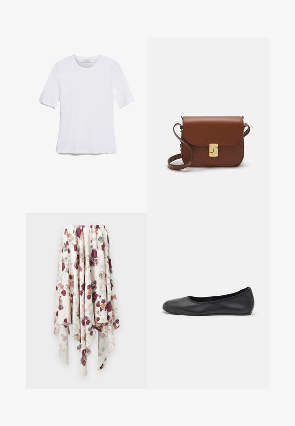 Tricou alb cu mânecă scurtă, confectionat dintr-un material texturat. Gât rotund, tăietură regulară și detalii subtile de cusătură. Fără modele sau grafice.; Fustă cu tiv în formă de batistă, de culoare albă, cu un imprimeu floral în nuanțe de vișiniu, gri și portocaliu, realizat în stil acuarelă, având un brâu elastic.; Balerini din piele neagră, cu vârf rotund, textură netedă, detalii de cusătură minimale și un design al tălpii flexibil.; Geantă de piele maro cu închidere tip capac, accesorii de culoare aurie, curea de umăr și o textură netedă. Formă compactă și rectangulară.