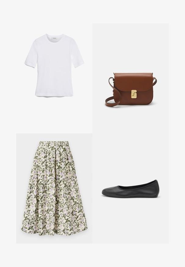T-shirt blanc à manches courtes en tissu côtelé. Col rond, coupe régulière et détails de couture subtils. Aucune motif ni graphique.; Jupe fleurie avec un fond crème, des feuilles vertes et des fleurs violettes. Taille élastique, design plissé et tissu léger.; Ballerines en cuir noir avec un bout rond, texture lisse, détails de couture minimalistes et design de semelle flexible.; Sac à main en cuir marron avec une fermeture à rabat, des accents en métal doré, une bandoulière et une texture lisse. Forme rectangulaire compacte.