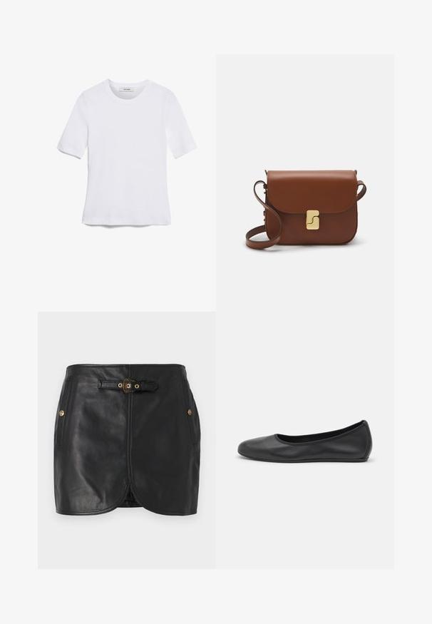 T-shirt de manga curta branca feita de tecido canelado. Decote redondo, ajuste regular e detalhes de costura subtis. Sem padrões ou gráficos.; Saia de couro preta com um design justo, corte reto, detalhes em hardware dourado, bolsos laterais e uma cintura com cinto.; Bailarina preta em pele com bico arredondado, textura suave, detalhe de costura minimalista e design de sola flexível.; Bolsa de couro castanho com fecho de aba, decoração em tom dourado, alça de ombro e textura suave. Formato retangular compacto.