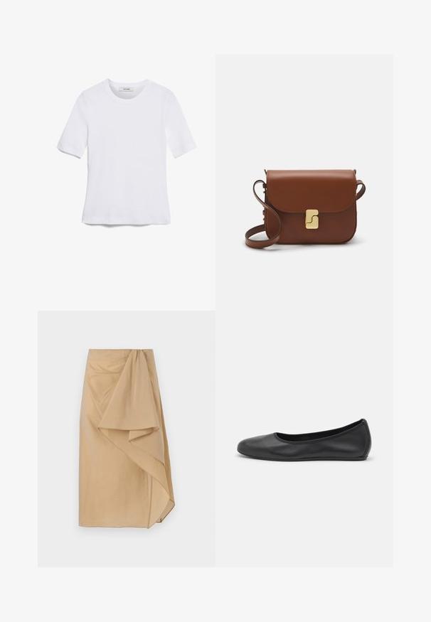 Balta trumpa rankovėmis marškinėliai, pagaminti iš pasiruošusio audinio. Apvali iškirptė, reguliari tinkamumas ir subtilūs siuvimo detalės. Be raštų ar grafikos.; Šviesiai rudos spalvos apvyniota sijonas pagamintas iš lengvos medžiagos su asimetrišku krūviu, turintis surinktos juostos ir lygios tekstūros. Nėra matomų užsegimų.; Juodai odiniai baletai su apvaliu pirštu, lygi texture, minimalus siuvimo detales ir lanksčiu padų dizainu.; Ruda odinė rankinė su uždaromu dangteliu, aukso spalvos detalėmis, petneša ir lygiu paviršiumi. Kompaktiška stačiakampio formos.