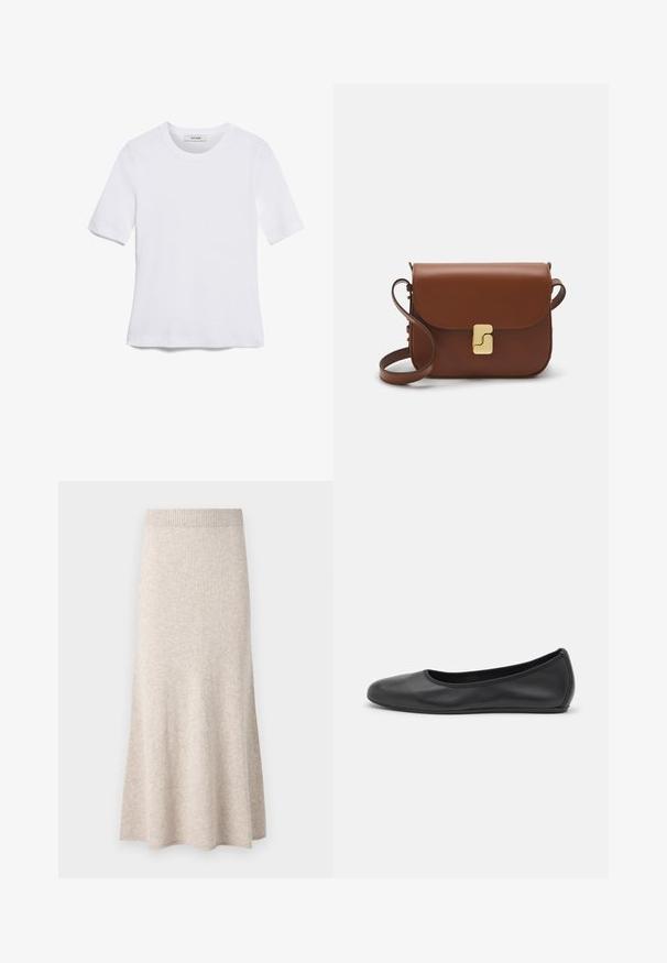 Hvid kortærmet t-shirt lavet af ribbet stof. Rund halsudskæring, almindelig pasform og subtile syninger. Ingen mønstre eller grafik.; Lys beige strikket nederdel med ribbede linning, flared A-formet facon og blød tekstur, som har subtile variationer i stoffet.; Sort læderballetsko med rund tå, glat tekstur, minimal syning og et fleksibelt såldesign.; Brun læder håndtaske med flaplukning, hardware i gyldent tone, en skulderrem og en glat overflade. Kompakt rektangulær form.
