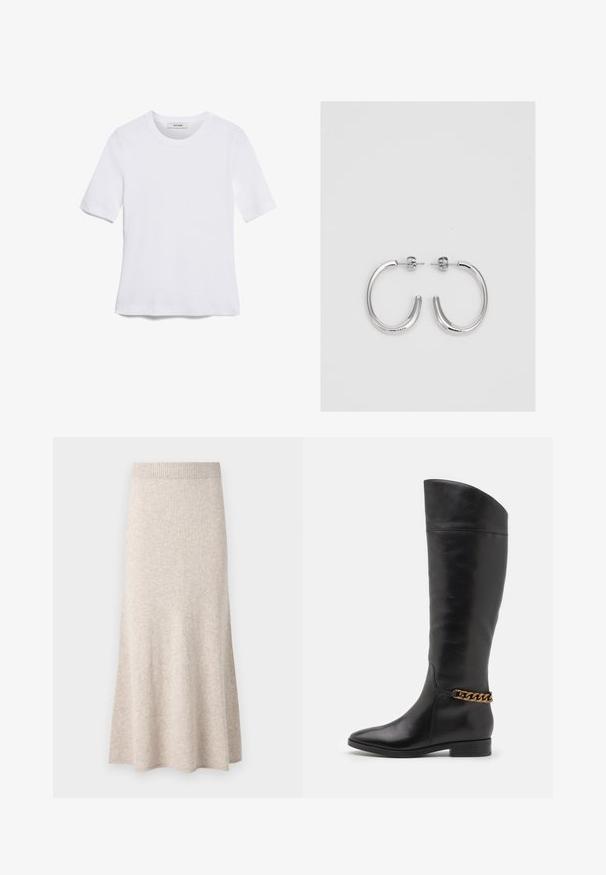T-shirt bianca a maniche corte realizzata in tessuto a costine. Collo rotondo, vestibilità regolare e dettagli di cucitura sottili. Senza motivi o grafiche.; Gonna a maglia beige chiaro con vita a coste, forma svasata a trapezio e texture morbida, caratterizzata da delicate variazioni nel tessuto.; Alti stivali in pelle nera dal design elegante, punta affusolata e dettagli in catena dorata alla caviglia. Tacco a blocco basso. Texture liscia.; Orecchini a cerchio in argento con superficie liscia e lucida, caratterizzati da una forma curva e chiusura a perno. Design minimalista con finitura moderna.