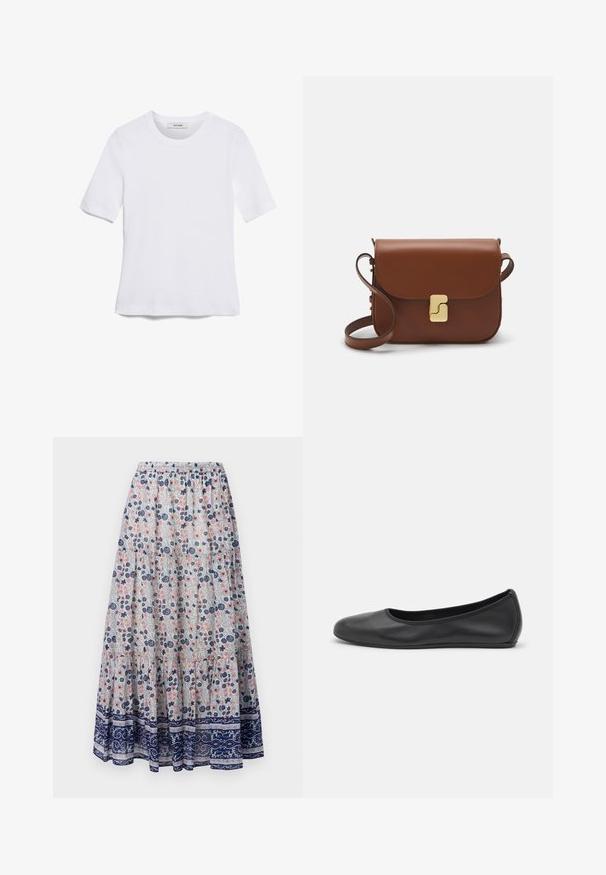Fehér, rövid ujjú póló ribbed anyagból. Kerek nyakkivágás, normál szabás és diszkrét varrási részletek. Nincsenek minták vagy grafikák.; Virágmintás maxi szoknya szürke háttérrel, rózsaszín és kék virágokkal, réteges kialakítással és tengerészkék mintás szegéllyel. Gumírozott derék.; Fekete bőr balettcipő lekerekített orral, sima tekstúrával, minimális varrással és rugalmas talp kialakítással.; Barna bőr kézitáska, hajtókás zárással, arany színű fém kiegészítőkkel, vállpánttal és sima felülettel. Kompakt téglalap alakú.