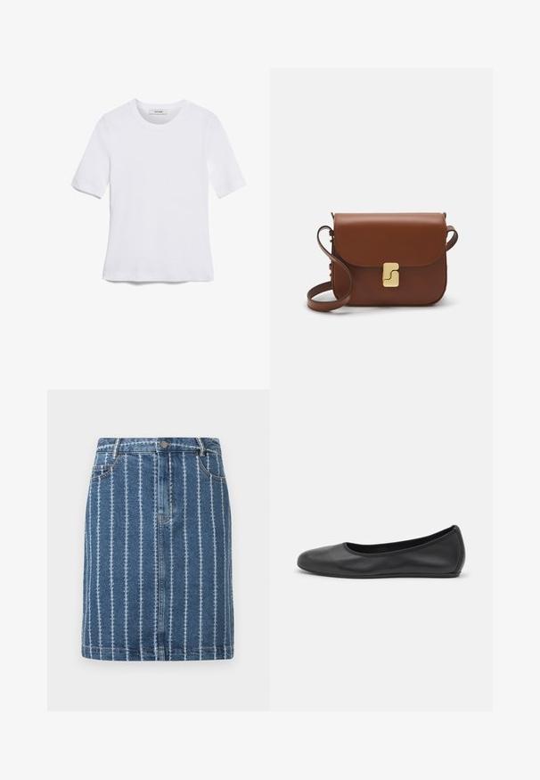 Bijela majica s kratkim rukavima izrađena od rebraste tkanine. Okrugli izrez, klasičan kroj i suptilni detalji šivanja. Bez uzoraka ili grafika.; Denim suknja s vertikalnim bijelim prugama, s pojasom, prednjim džepovima i ravnim krojem. Plava tkanina s blago izblijedjelom teksturom.; Crne kožne baletanke s zaobljenim vrhom, glatke teksture, minimalnim detaljima šavova i fleksibilnim dizajnom potplata.; Smeđa kožna torba s preklopom, zlatnim detaljima, remenom za nošenje preko ramena i glatkom teksturom. Kompaktni pravokutni oblik.