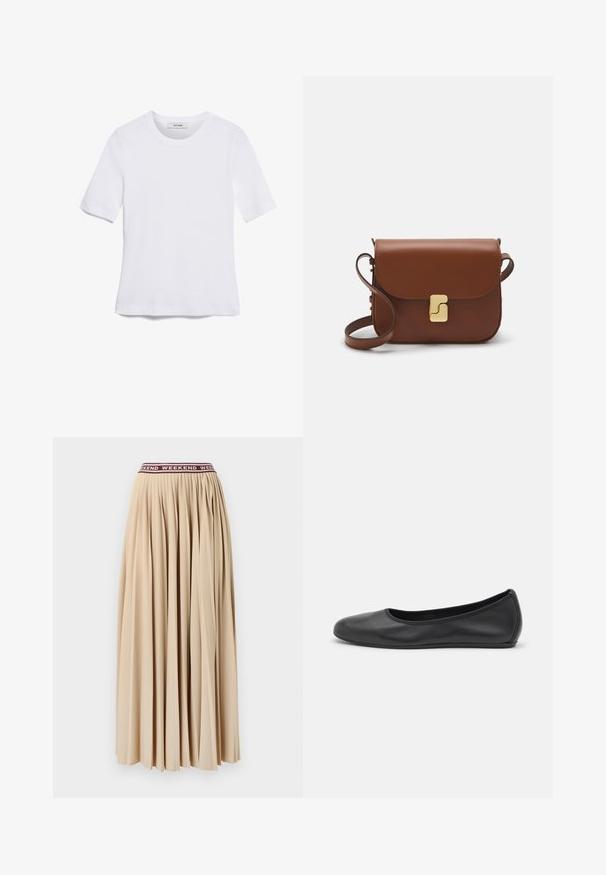 Valge lühikeste varrukatega T-särk ribatud kangast. Ümara kaelusega, tavalisest sobivusest ja peente õmbluse detailidega. Ilma mustrite või graafikateta.; Pepliline maksikleit pehmes beežis kangas, millel on tumepunane elastsest materjalist vöökoht, millel on korduv kiri "WEEKEND". Nähtavaid kinnitusi pole.; Musthave mustika tantsutossud mustast nahast, ümmarguse varbaga, siledast tekstuurist, minimaalse õmblusdetailiga ja paindliku tallakujundusega.; Pruunist nahast käekott, millel on klapiga sulgur, kuldne riistvara, õlarihm ja sile tekstuur. Kompaktne ristkülikukujuline vorm.