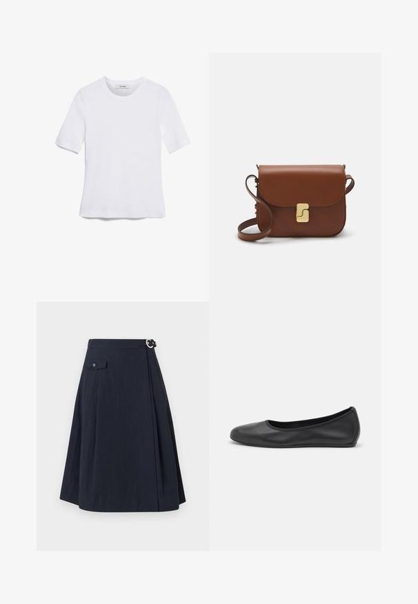 Bela kratka majica s kratkimi rokavi iz rebrastega materiala. Okrogla ovratnica, običajen kroj in subtilni šivi. Brez vzorcev ali grafik.; Mornarsko modra A-linija krila s stranskim gumbom, ki vključuje sprednji žep in gladko, lahko blago z rahlim sijajem.; Črne usnjene balerinke z zaobljenim nosom, gladko teksturo, minimalnimi šivi in fleksibilno zasnovo podplata.; Rjava usnjena torbica s poklopcem, zlato obarvani okovi, naramnica in gladka tekstura. Kompaktna pravokotna oblika.