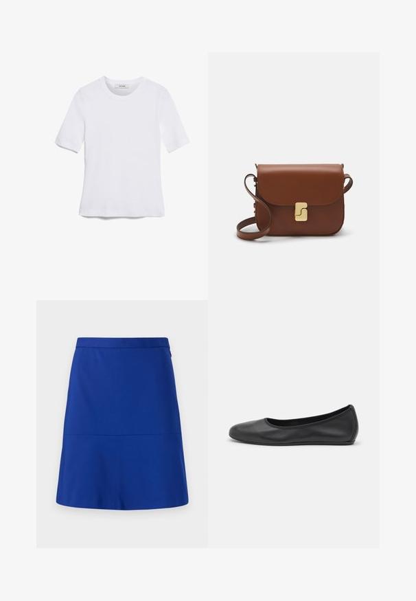 T-shirt bianca a maniche corte realizzata in tessuto a costine. Collo rotondo, vestibilità regolare e dettagli di cucitura sottili. Senza motivi o grafiche.; Una gonna blu realizzata in tessuto liscio, con una vita definita e un design semplice e svasato, priva di decorazioni o fantasie.; Pantofole da balletto nere in pelle con punta arrotondata, texture liscia, dettagli di cucitura minimi e design con suola flessibile.; Borsa a tracolla in pelle marrone con chiusura a pattina, hardware color oro, tracolla e una finitura liscia. Forma rettangolare compatta.