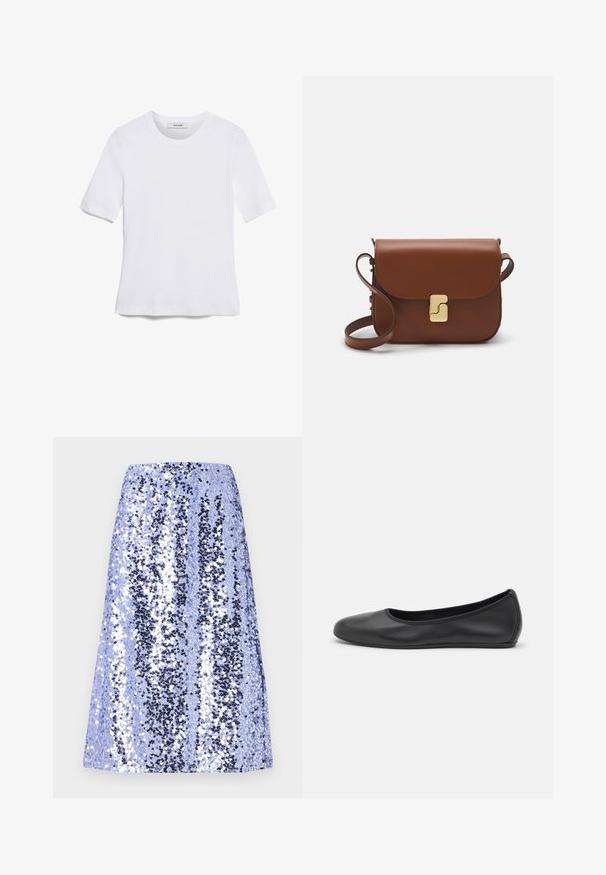 Biela krátka tričko s krátkymi rukávmi vyrobené z rebrovanej látky. Klasický okrúhly výstrih, bežný strih a jemné švy. Bez vzorov alebo grafiky.; Sukňa po kolená vyrobená z lesklých modrých flitrov s čiernymi akcentmi, so strihom v rovných líniách a hladkou textúrou.; Čierne kožené baleríny s okrúhlou špičkou, hladkým povrchom, minimálnym prešívaním a flexibilným dizajnom podrážky.; Hnedá kožená kabelka s klopou, zlatými kovovými prvkami, ramenným popruhom a hladkým povrchom. Kompaktný obdĺžnikový tvar.