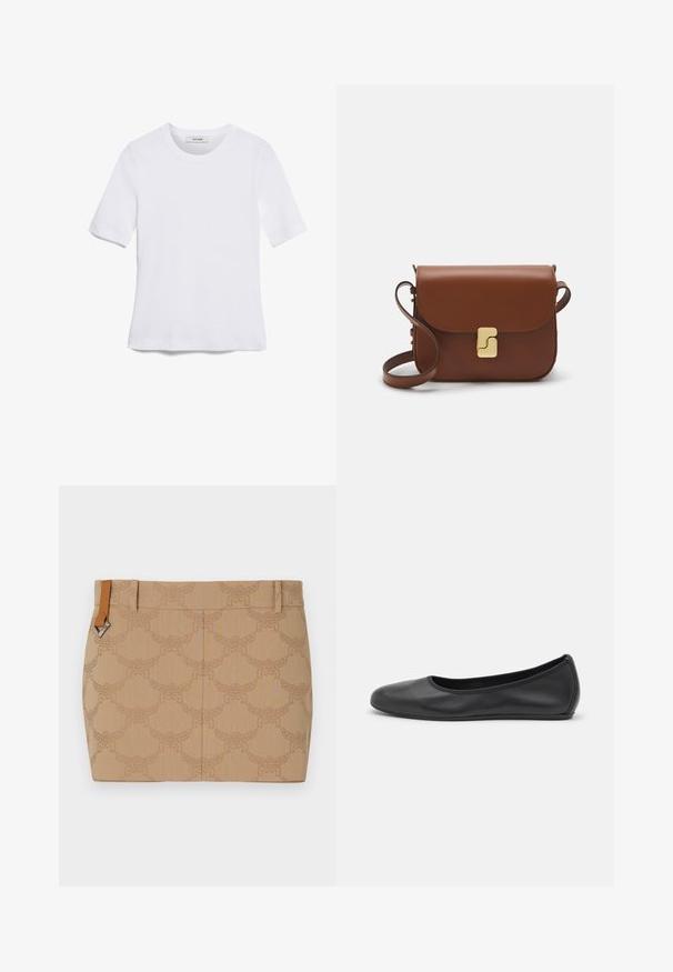 Fehér, rövid ujjú póló ribbed anyagból. Kerek nyakkivágás, normál szabás és diszkrét varrási részletek. Nincsenek minták vagy grafikák.; Beige szoknya finom dombornyomott mintával, stilizált szárnyakkal. Barna bőr díszítéssel a deréknál, ezüst színű fémalkatrészekkel.; Fekete bőr balettcipő lekerekített orral, sima tekstúrával, minimális varrással és rugalmas talp kialakítással.; Barna bőr kézitáska, hajtókás zárással, arany színű fém kiegészítőkkel, vállpánttal és sima felülettel. Kompakt téglalap alakú.