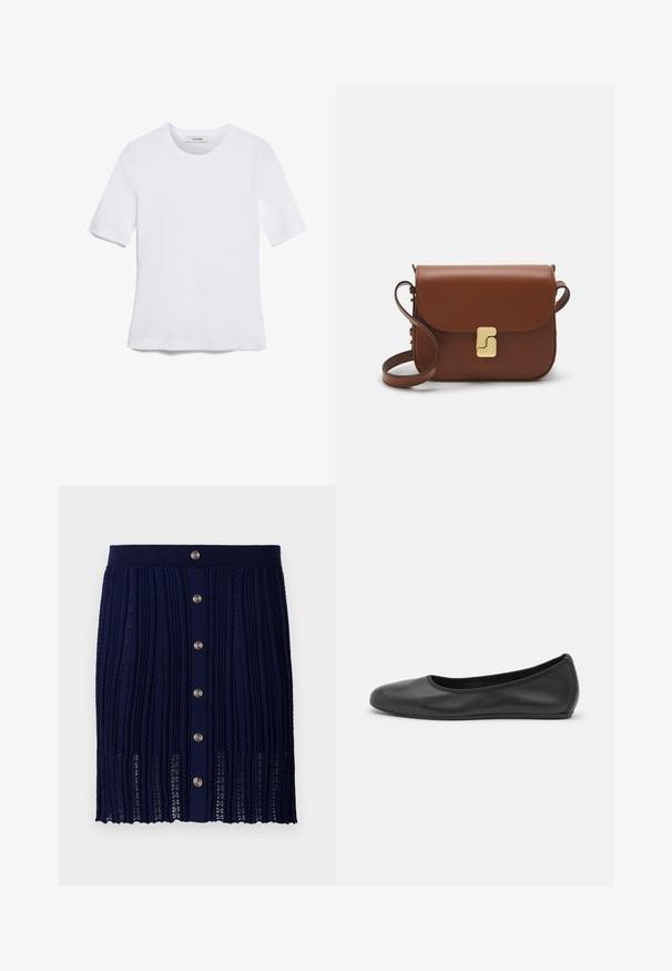 Biela krátka tričko s krátkymi rukávmi vyrobené z rebrovanej látky. Klasický okrúhly výstrih, bežný strih a jemné švy. Bez vzorov alebo grafiky.; Maje JITOURA - Minisukňa - marine; Čierne kožené baleríny s okrúhlou špičkou, hladkým povrchom, minimálnym prešívaním a flexibilným dizajnom podrážky.; Hnedá kožená kabelka s klopou, zlatými kovovými prvkami, ramenným popruhom a hladkým povrchom. Kompaktný obdĺžnikový tvar.