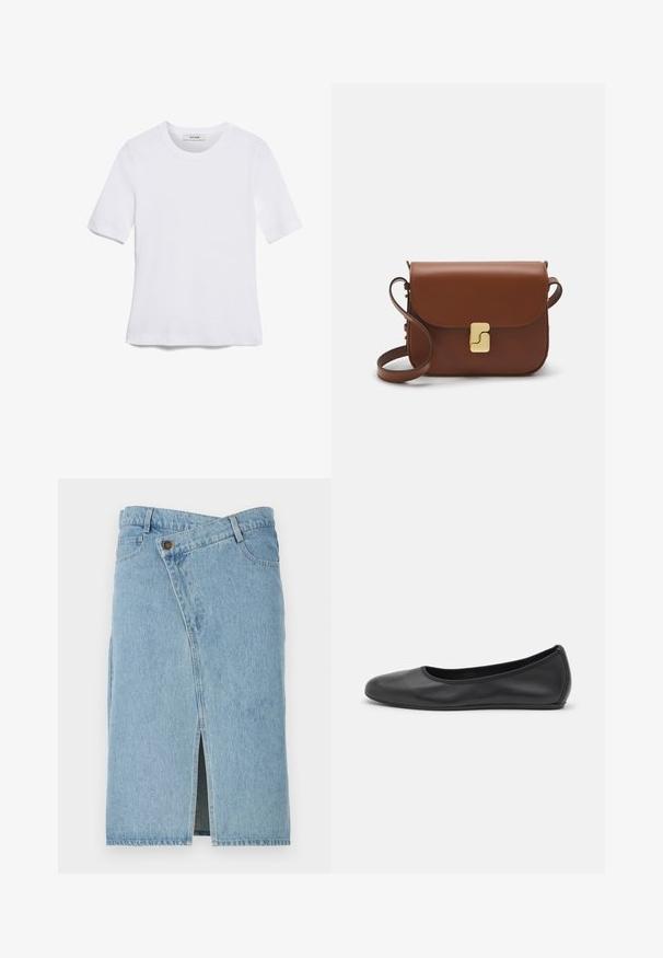 Bela kratka majica s kratkimi rokavi iz rebrastega materiala. Okrogla ovratnica, običajen kroj in subtilni šivi. Brez vzorcev ali grafik.; Svetlo modra denim krila z asymetričnim dizajnom in sprednjim razporkom. Zasnovana z gumbnim zapiranjem in tradicionalnim petimi žepi.; Črne usnjene balerinke z zaobljenim nosom, gladko teksturo, minimalnimi šivi in fleksibilno zasnovo podplata.; Rjava usnjena torbica s poklopcem, zlato obarvani okovi, naramnica in gladka tekstura. Kompaktna pravokotna oblika.