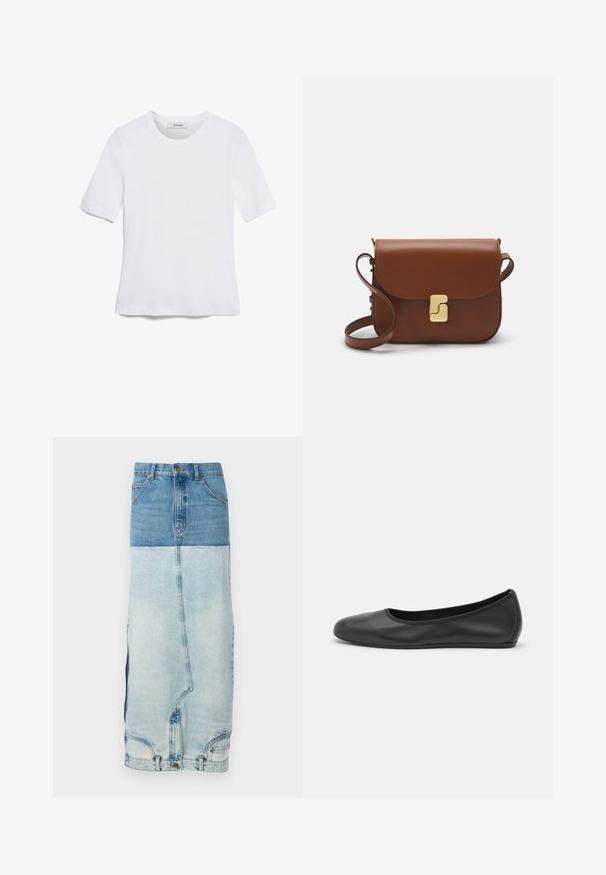 Bijela majica s kratkim rukavima izrađena od rebraste tkanine. Okrugli izrez, klasičan kroj i suptilni detalji šivanja. Bez uzoraka ili grafika.; A.W.A.K.E. MODE MIRROR EFFECT SKIRT - Suknja od trapera - blue; Crne kožne baletanke s zaobljenim vrhom, glatke teksture, minimalnim detaljima šavova i fleksibilnim dizajnom potplata.; Smeđa kožna torba s preklopom, zlatnim detaljima, remenom za nošenje preko ramena i glatkom teksturom. Kompaktni pravokutni oblik.