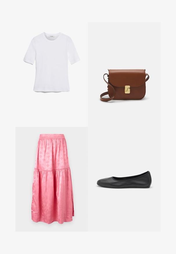 Fehér, rövid ujjú póló ribbed anyagból. Kerek nyakkivágás, normál szabás és diszkrét varrási részletek. Nincsenek minták vagy grafikák.; Rózsaszín, több rétegből álló szoknya sima anyagból, finom virágmintákkal. Rugalmas derékrész és teljes hosszúságú kivitel. Enyhe fényességgel rendelkezik.; Fekete bőr balettcipő lekerekített orral, sima tekstúrával, minimális varrással és rugalmas talp kialakítással.; Barna bőr kézitáska, hajtókás zárással, arany színű fém kiegészítőkkel, vállpánttal és sima felülettel. Kompakt téglalap alakú.