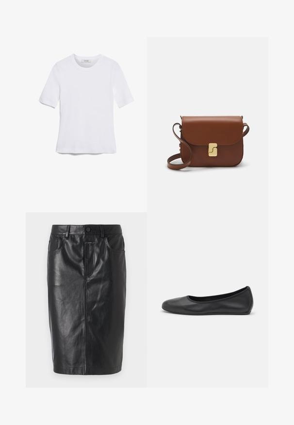 Balta īsām piedurknēm T-krekls, izgatavots no ribota auduma. Apaļš izgriezums, regulāra piegriezuma un diskrēti šuvumu detaļas. Bez printiem vai grafikām.; Melnas ādas svārki ar pielāgotu dizainu, vidēja garuma griezums, priekšējais rāvējslēdzis un divas kabatas. Gluda tekstūra ar redzamām šuvju akcentiem.; Melna ādas baleta kurpe ar noapaļotu purngalu, gludu tekstūru, minimālu šuvju detalizāciju un elastīgu zoles dizainu.; Bordo ādas rokas soma ar atloku, zeltītām detaļām, plecu siksnu un gludu virsmu. Kompakta, taisnstūrveida forma.