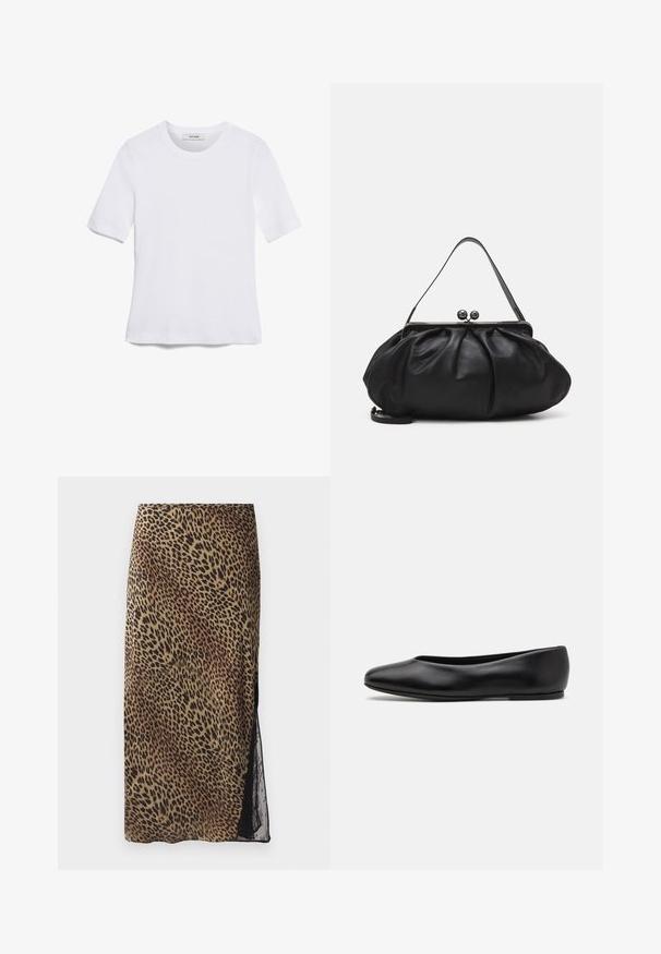 White short-sleeve t-shirt made of ribbed fabric. Round neckline, regular fit, and subtle stitching details. No patterns or graphics.; Leopard print midi skirt featuring a form-fitting silhouette, sheer lace side panel, and smooth fabric texture in earthy tones.; Paul Smith TOPANGA - Ballet pumps - black; Black leather handbag with a rounded, pleated design. Features a metallic clasp with two decorative balls and a slim, detachable strap.