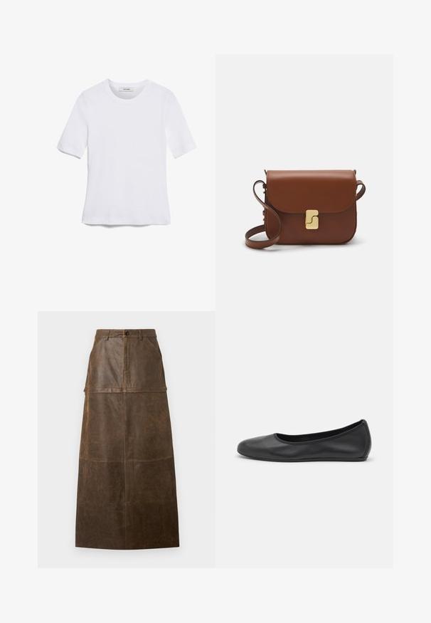 Fehér, rövid ujjú póló ribbed anyagból. Kerek nyakkivágás, normál szabás és diszkrét varrási részletek. Nincsenek minták vagy grafikák.; Barna bőr midi szoknya, magas derékkal, elülső zsebekkel és sima textúrával, látható varrási részletekkel.; Fekete bőr balettcipő lekerekített orral, sima tekstúrával, minimális varrással és rugalmas talp kialakítással.; Barna bőr kézitáska, hajtókás zárással, arany színű fém kiegészítőkkel, vállpánttal és sima felülettel. Kompakt téglalap alakú.