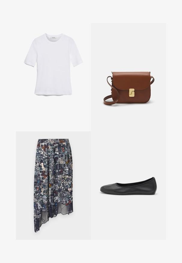 Hvid kortærmet t-shirt lavet af ribbet stof. Rund halsudskæring, almindelig pasform og subtile syninger. Ingen mønstre eller grafik.; Zadig & Voltaire JOSLIN SOFT BUTTERFLIES - A-snit nederdel - encre; Sort læderballetsko med rund tå, glat tekstur, minimal syning og et fleksibelt såldesign.; Brun læder håndtaske med flaplukning, hardware i gyldent tone, en skulderrem og en glat overflade. Kompakt rektangulær form.