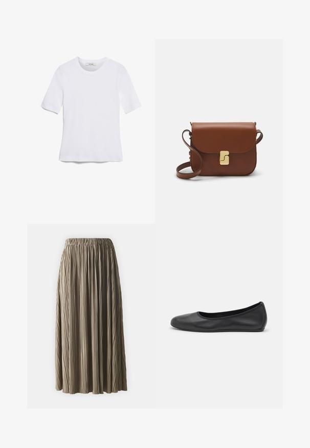 Fehér, rövid ujjú póló ribbed anyagból. Kerek nyakkivágás, normál szabás és diszkrét varrási részletek. Nincsenek minták vagy grafikák.; Samsøe Samsøe UMA - A-vonalú szoknya - lead gray; Fekete bőr balettcipő lekerekített orral, sima tekstúrával, minimális varrással és rugalmas talp kialakítással.; Barna bőr kézitáska, hajtókás zárással, arany színű fém kiegészítőkkel, vállpánttal és sima felülettel. Kompakt téglalap alakú.