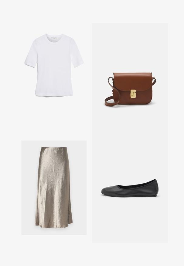 T-shirt blanc à manches courtes en tissu côtelé. Col rond, coupe régulière et détails de couture subtils. Aucune motif ni graphique.; Max Mara Leisure ALESSIO - Jupe trapèze - tortora; Ballerines en cuir noir avec un bout rond, texture lisse, détails de couture minimalistes et design de semelle flexible.; Sac à main en cuir marron avec une fermeture à rabat, des accents en métal doré, une bandoulière et une texture lisse. Forme rectangulaire compacte.