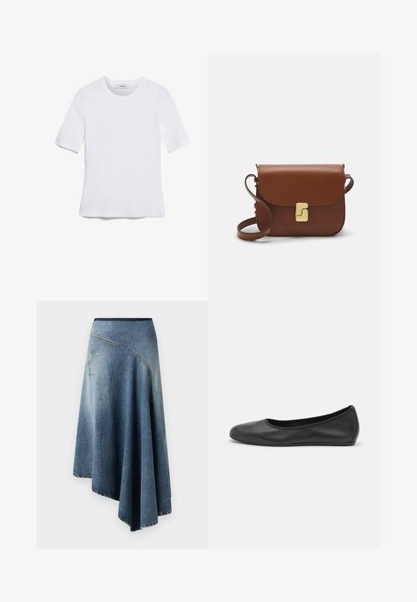Fehér, rövid ujjú póló ribbed anyagból. Kerek nyakkivágás, normál szabás és diszkrét varrási részletek. Nincsenek minták vagy grafikák.; Denim rakott szoknya világos és sötét kék árnyalatban, egy oldalán hímzett virágmintával és a szélén látható varrásrészletekkel.; Fekete bőr balettcipő lekerekített orral, sima tekstúrával, minimális varrással és rugalmas talp kialakítással.; Barna bőr kézitáska, hajtókás zárással, arany színű fém kiegészítőkkel, vállpánttal és sima felülettel. Kompakt téglalap alakú.