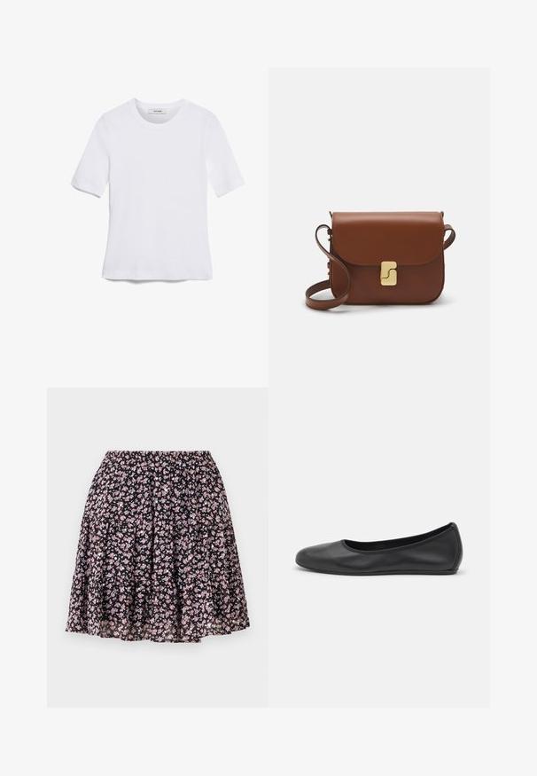 T-shirt bianca a maniche corte realizzata in tessuto a costine. Collo rotondo, vestibilità regolare e dettagli di cucitura sottili. Senza motivi o grafiche.; Gonna floreale con sfondo nero che presenta piccoli fiori rosa. Vita elastica, design a strati e tessuto leggero.; Pantofole da balletto nere in pelle con punta arrotondata, texture liscia, dettagli di cucitura minimi e design con suola flessibile.; Borsa a tracolla in pelle marrone con chiusura a pattina, hardware color oro, tracolla e una finitura liscia. Forma rettangolare compatta.