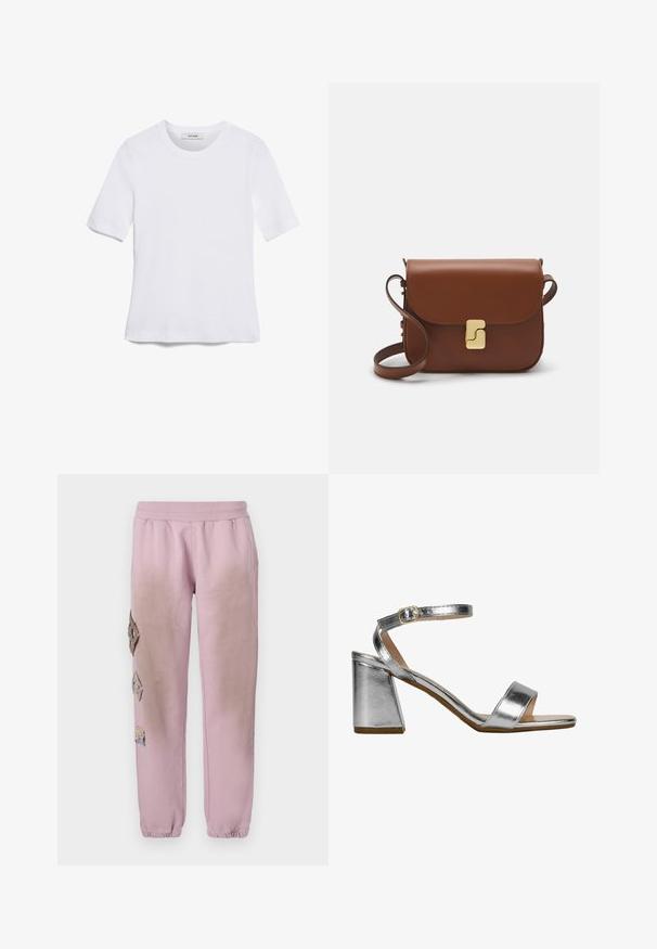 Camiseta de manga corta blanca hecha de tela de canalé. Cuello redondo, corte regular y detalles de costura sutiles. Sin patrones ni gráficos.; Pantalones de chándal rosas con cintura elástica, que presentan parches decorativos en forma de diamante en el lado izquierdo y puños elásticos en los tobillos.; Sandalias de tacón plateadas con un acabado metálico. Cuentan con una tira ancha sobre los dedos y una correa en el tobillo con una hebilla dorada. Diseño de tacón de bloque.; Bolso de mano de cuero marrón con cierre de solapa, herrajes en tono dorado, correa para el hombro y una textura suave. Forma rectangular compacta.