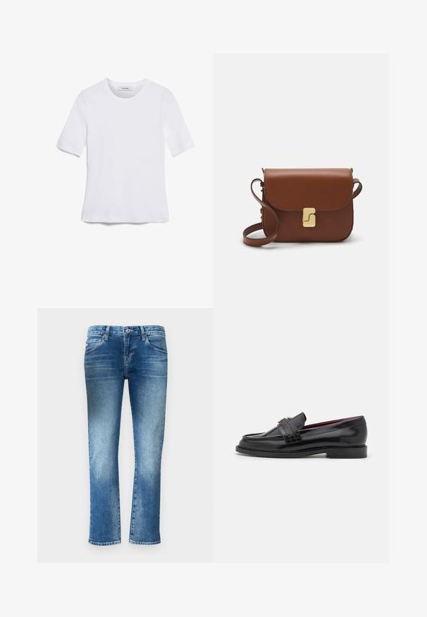 Bílá tričko s krátkým rukávem vyrobené z žebrované tkaniny. Kulatý výstřih, normální střih a jemné detaily šití. Bez vzorů nebo grafik.; Světle modré džínové kalhoty se střihovým provedením rovného nohavic, jemným vyblednutím a středně vysokým pasem. Obsahují pět kapes a poutka na opasek.; Černé kožené mokasíny se šitým vzorem, hladkým povrchem, zlatou sponou a zakulacenou špičkou, umístěné na nízké černé podrážce.; Hnědá kožená kabelka s klopou, zlatými kovovými detaily, ramenním popruhem a hladkým povrchem. Kompaktní obdélníkový tvar.