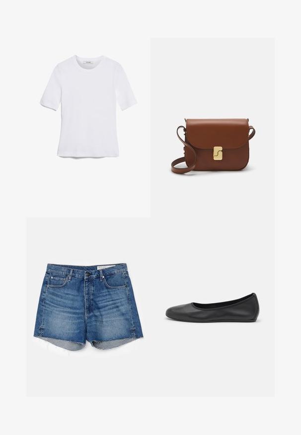 Fehér, rövid ujjú póló ribbed anyagból. Kerek nyakkivágás, normál szabás és diszkrét varrási részletek. Nincsenek minták vagy grafikák.; rag & bone VINTAGE CUT OFF - Farmer rövidnadrágok - blue denim; Fekete bőr balettcipő lekerekített orral, sima tekstúrával, minimális varrással és rugalmas talp kialakítással.; Barna bőr kézitáska, hajtókás zárással, arany színű fém kiegészítőkkel, vállpánttal és sima felülettel. Kompakt téglalap alakú.