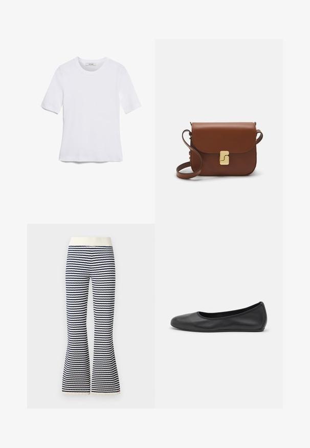 Bijela majica s kratkim rukavima izrađena od rebraste tkanine. Okrugli izrez, klasičan kroj i suptilni detalji šivanja. Bez uzoraka ili grafika.; Prugaste široke hlače s mekim ivorijastim pojasom, koje imaju plave i bijele horizontalne pruge te delikatnu čipkastu obrubu na rubu.; Crne kožne baletanke s zaobljenim vrhom, glatke teksture, minimalnim detaljima šavova i fleksibilnim dizajnom potplata.; Smeđa kožna torba s preklopom, zlatnim detaljima, remenom za nošenje preko ramena i glatkom teksturom. Kompaktni pravokutni oblik.