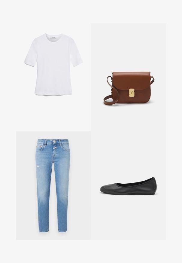T-shirt de manga curta branca feita de tecido canelado. Decote redondo, ajuste regular e detalhes de costura subtis. Sem padrões ou gráficos.; Jeans de ganga azul claro com um corte slim, apresentando fecho de botão, ligeiramente desgastados e design tradicional de cinco bolsos.; Bailarina preta em pele com bico arredondado, textura suave, detalhe de costura minimalista e design de sola flexível.; Bolsa de couro castanho com fecho de aba, decoração em tom dourado, alça de ombro e textura suave. Formato retangular compacto.