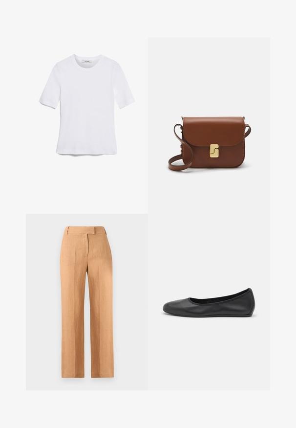 Witte korte mouwen t-shirt van ribstof. Ronde halslijn, normale pasvorm en subtiele stiksels. Geen patronen of grafische elementen.; Lichtbruine linnen broeken met een rechte snit, twee voorplooien en een vlakke tailleband. Geen zichtbare zakken of hardwaredetails.; Zwarte leren ballerina met een ronde neus, gladde textuur, minimale stikdetails en een flexibele zoolontwerp.; Bruine leren handtas met een klep sluiting, gouden hardware, een schouderband en een gladde textuur. Compact rechthoekige vorm.