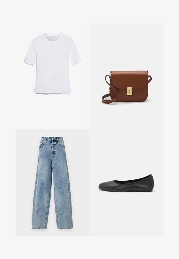 Valkoinen lyhythihainen t-paita, joka on valmistettu ribbytedusta kankaasta. Pyöreä pääntiie, normaali istuvuus ja hienovaraiset ompeluyksityiskohdat. Ei kuvioita tai grafiikkaa.; Vaaleansiniset korkeavyötäröiset leveälahkeiset farkut, joissa on etutaskut, vetoketjusuljenta ja ompeluyksityiskohtia saumoissa.; Musta nahkainen ballerina, jossa on pyöristetty kärki, sileä pinta, minimaalinen ommelkoristelu ja joustava pohjamuotoilu.; Ruskea nahkainen käsilaukku, jossa on läppäkiinnitys, kultasävyiset yksityiskohdat, olkahihna ja sileä pinta. Kompaktin suorakaiteen muotoinen.