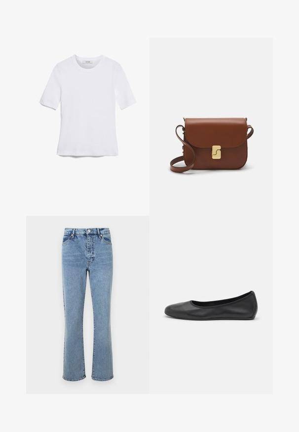 T-shirt bianca a maniche corte realizzata in tessuto a costine. Collo rotondo, vestibilità regolare e dettagli di cucitura sottili. Senza motivi o grafiche.; Jeans azzurri chiari in materiale denim, con vita alta, gamba svasata, design a cinque tasche e cuciture a contrasto.; Pantofole da balletto nere in pelle con punta arrotondata, texture liscia, dettagli di cucitura minimi e design con suola flessibile.; Borsa a tracolla in pelle marrone con chiusura a pattina, hardware color oro, tracolla e una finitura liscia. Forma rettangolare compatta.