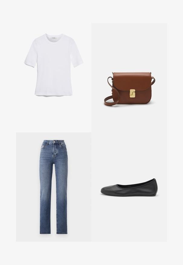 T-shirt de manga curta branca feita de tecido canelado. Decote redondo, ajuste regular e detalhes de costura subtis. Sem padrões ou gráficos.; Jeans azul de cintura alta com um design de perna reta, feitos de denim. Inclui detalhes discretos de desgaste e um estilo clássico de cinco bolsos.; Bailarina preta em pele com bico arredondado, textura suave, detalhe de costura minimalista e design de sola flexível.; Bolsa de couro castanho com fecho de aba, decoração em tom dourado, alça de ombro e textura suave. Formato retangular compacto.