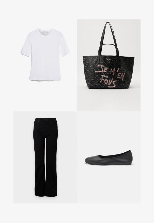 Weißes kurzärmliges T-Shirt aus geripptem Stoff. Runder Halsausschnitt, normale Passform und dezente Nähte. Keine Muster oder Grafiken.; Schwarze Denim-Jeans mit geradem Schnitt, fünf Taschen, vorn Knopfverschluss und subtiler Textur. Keine sichtbaren Muster oder Akzente.; Schwarze Leder-Ballettschuhe mit abgerundeter Spitze, glatter Textur, minimalen Nähdetails und einem flexiblen Sohlen-Design.; Schwarze Tote-Bag aus strukturiertem Material mit Rautenmuster, Schulterriemen und auffälligem roten und weißen Text "JE M'EN FOUS."