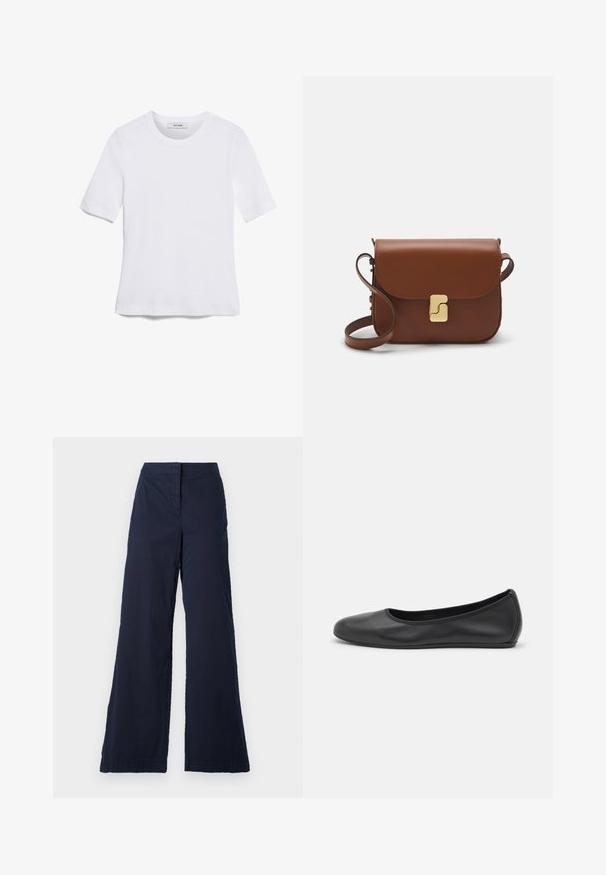 White short-sleeve t-shirt made of ribbed fabric. Round neckline, regular fit, and subtle stitching details. No patterns or graphics.; Navy blue wide-leg trousers made from cotton blend fabric, featuring a smooth texture, flat front waistband, and hemmed edges.; Black leather ballet flat with a rounded toe, smooth texture, minimal stitching detail, and a flexible sole design.; Brown leather handbag with a flap closure, gold-tone hardware, a shoulder strap, and a smooth texture. Compact rectangular shape.