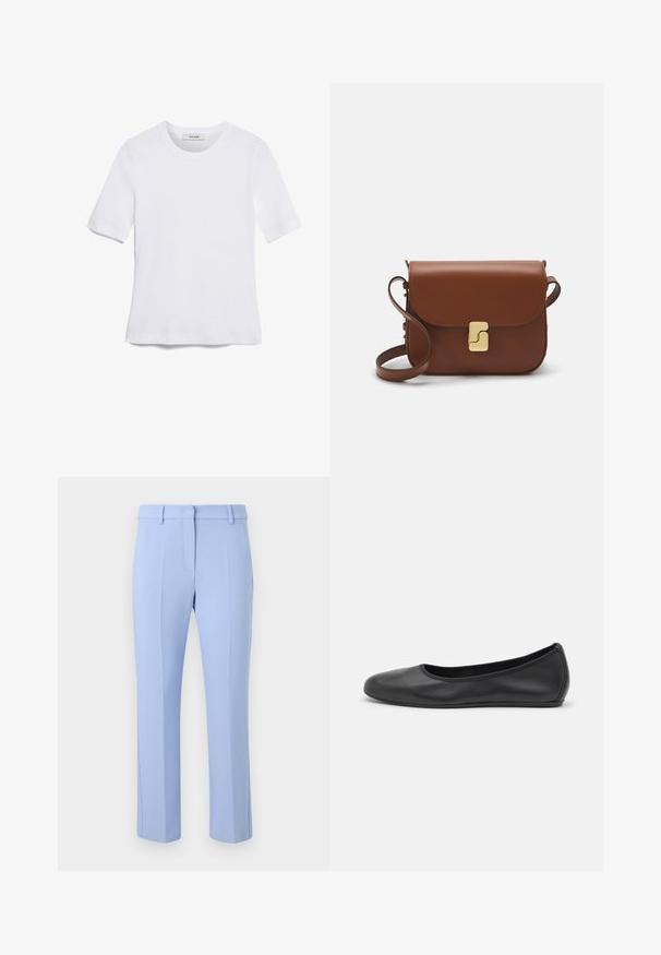 Valge lühikeste varrukatega T-särk ribatud kangast. Ümara kaelusega, tavalisest sobivusest ja peente õmbluse detailidega. Ilma mustrite või graafikateta.; Heledad helesinine ülikondpüksid, millel on sirge eesmine osa, kaks küljetaskut ja peened kortsud, mis kulgevad mööda iga jala esiääret.; Musthave mustika tantsutossud mustast nahast, ümmarguse varbaga, siledast tekstuurist, minimaalse õmblusdetailiga ja paindliku tallakujundusega.; Pruunist nahast käekott, millel on klapiga sulgur, kuldne riistvara, õlarihm ja sile tekstuur. Kompaktne ristkülikukujuline vorm.