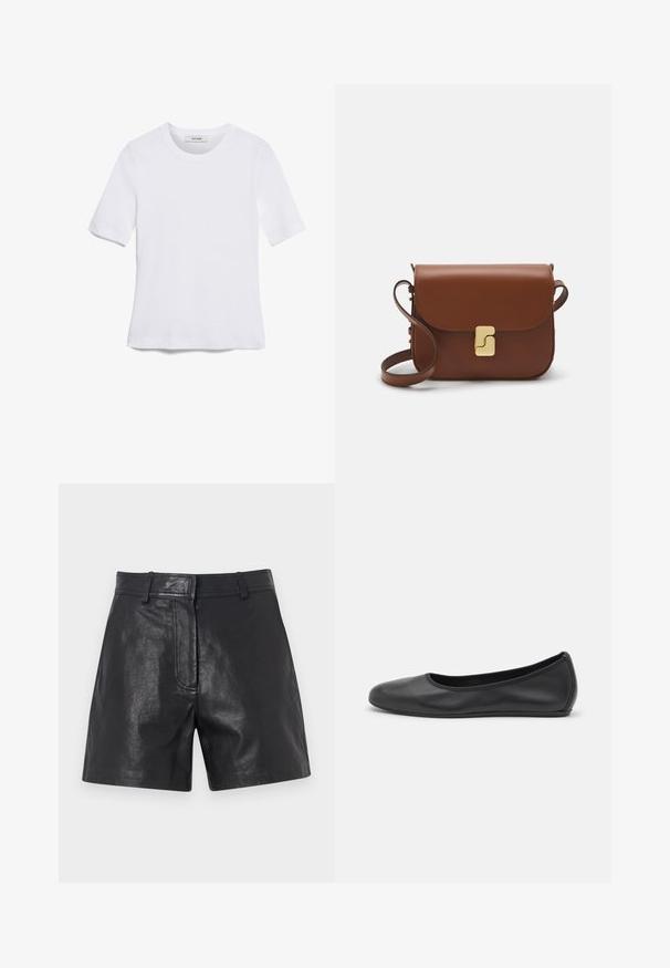 White short-sleeve t-shirt made of ribbed fabric. Round neckline, regular fit, and subtle stitching details. No patterns or graphics.; Black leather shorts with a smooth texture, featuring a tailored fit, belt loops, and a subtle front seam detail.; Black leather ballet flat with a rounded toe, smooth texture, minimal stitching detail, and a flexible sole design.; Brown leather handbag with a flap closure, gold-tone hardware, a shoulder strap, and a smooth texture. Compact rectangular shape.