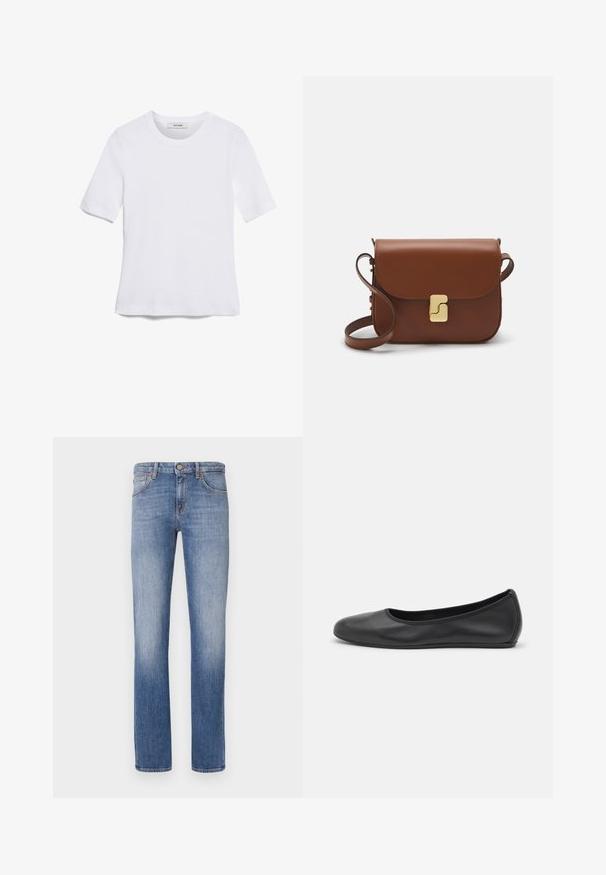 Biała koszulka krótki rękaw wykonana z materiału prążkowanego. Okrągły dekolt, regularny krój i subtelne detale szwów. Bez wzorów ani grafik.; Jasnoniebieskie dżinsy o prostym kroju, klasyczny pięć kieszeniowy design, subtelne detale blaknięcia i pomarańczowe akcenty w szwie.; Czarne skórzane baletki z zaokrąglonym noskiem, gładką fakturą, minimalnymi przeszyciami i elastycznym designem podeszwy.; Brązowa skórzana torebka na ramię z klapką, złotymi detalami, paskiem na ramię i gładką teksturą. Kompaktowy prostokątny kształt.
