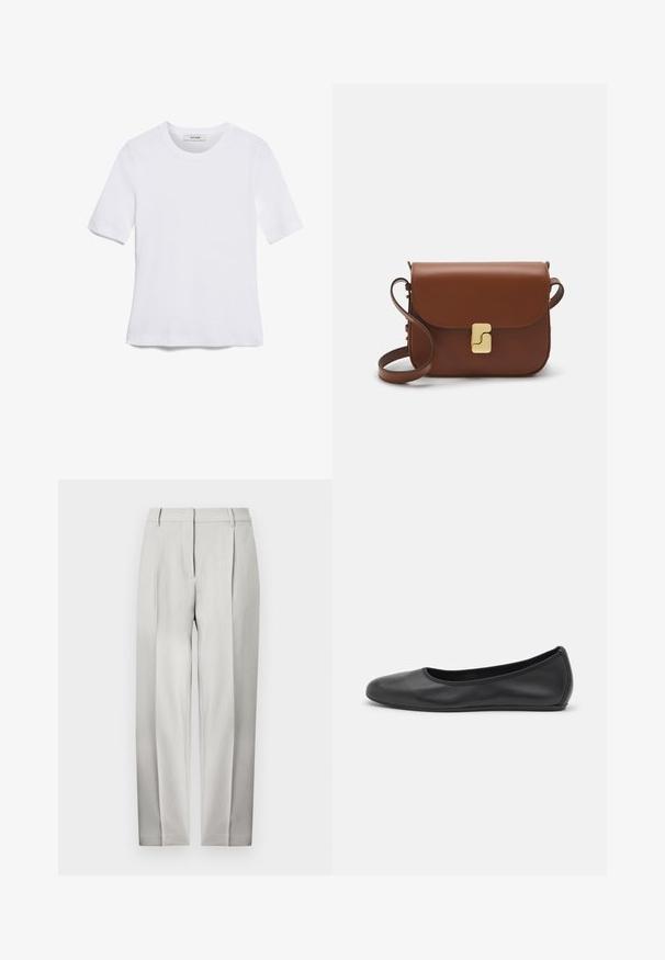 Fehér, rövid ujjú póló ribbed anyagból. Kerek nyakkivágás, normál szabás és diszkrét varrási részletek. Nincsenek minták vagy grafikák.; Világosszürke, testhezálló nadrág, egyenes szárú kialakítással, elülső redőkkel és sima textúrával. Nincsenek látható zsebek vagy díszítések.; Fekete bőr balettcipő lekerekített orral, sima tekstúrával, minimális varrással és rugalmas talp kialakítással.; Barna bőr kézitáska, hajtókás zárással, arany színű fém kiegészítőkkel, vállpánttal és sima felülettel. Kompakt téglalap alakú.