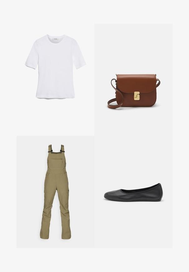 Fehér, rövid ujjú póló ribbed anyagból. Kerek nyakkivágás, normál szabás és diszkrét varrási részletek. Nincsenek minták vagy grafikák.; Olíva zöld munkaruha tartós anyagból, állítható pántokkal, elülső cipzáras zsebbel és két oldalsó zsebbel. Modern, funkcionális dizájn.; Fekete bőr balettcipő lekerekített orral, sima tekstúrával, minimális varrással és rugalmas talp kialakítással.; Barna bőr kézitáska, hajtókás zárással, arany színű fém kiegészítőkkel, vállpánttal és sima felülettel. Kompakt téglalap alakú.
