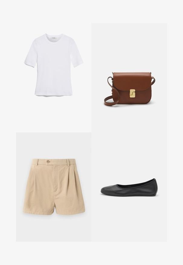 Bílá tričko s krátkým rukávem vyrobené z žebrované tkaniny. Kulatý výstřih, normální střih a jemné detaily šití. Bez vzorů nebo grafik.; Filippa K HIGH WAIST PLEATED - Šortky - beige; Černé kožené baletní byty s kulatou špičkou, hladkou texturou, minimálními švy a flexibilním designem podrážky.; Hnědá kožená kabelka s klopou, zlatými kovovými detaily, ramenním popruhem a hladkým povrchem. Kompaktní obdélníkový tvar.