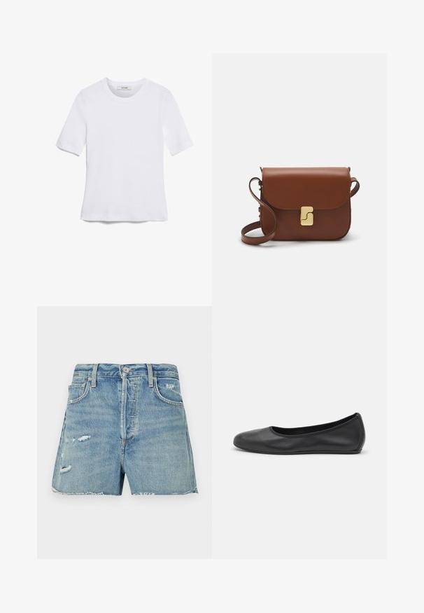 Valkoinen lyhythihainen t-paita, joka on valmistettu ribbytedusta kankaasta. Pyöreä pääntiie, normaali istuvuus ja hienovaraiset ompeluyksityiskohdat. Ei kuvioita tai grafiikkaa.; Vaaleansiniset farkkushortsit, joissa on purjehtiminen helma, kuluneet yksityiskohdat, perinteinen viisi-taskuinen muotoilu sekä edessä napitus ja vetoketju.; Musta nahkainen ballerina, jossa on pyöristetty kärki, sileä pinta, minimaalinen ommelkoristelu ja joustava pohjamuotoilu.; Ruskea nahkainen käsilaukku, jossa on läppäkiinnitys, kultasävyiset yksityiskohdat, olkahihna ja sileä pinta. Kompaktin suorakaiteen muotoinen.
